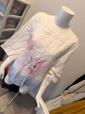 White Linen Boatneck Tunic with Pink Floral Accent